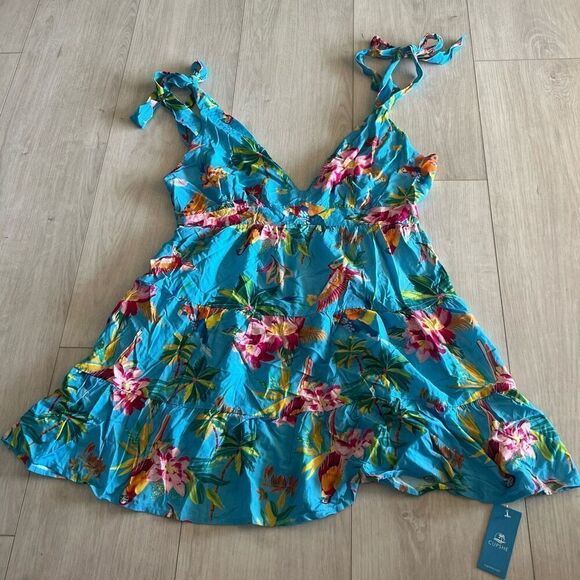 Cupshe Women's Parrot and Palm Bright Tropical Mini Beach Dress size L - Picture 1 of 8